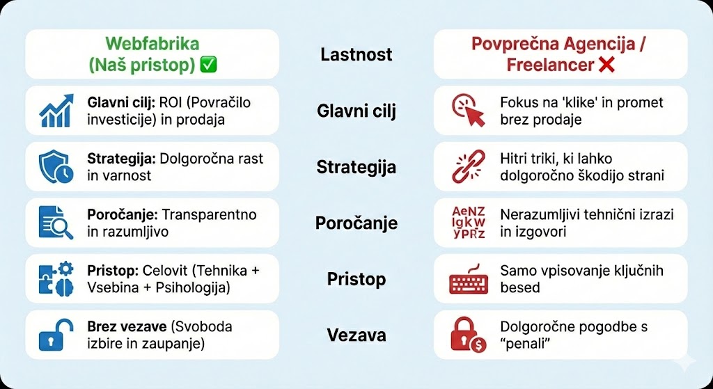 Primerjalna tabela med podjetjem Webfabrika ter drugimi agencijami